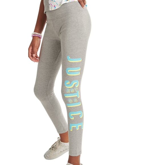 JUSTICE Graphic Legging Gray Glittery Logo Girls Full Length Size 10 NEW - Picture 1 of 5
